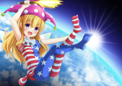 Rule 34 | 1girl, :d, absurdres, american flag dress, american flag legwear, armpits, blonde hair, blush, clownpiece, earth (planet), hat, highres, jester cap, long hair, looking at viewer, morokoshi (tekku), open mouth, pantyhose, planet, purple eyes, smile, solo, striped clothes, striped pantyhose, torch, touhou