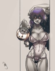 Rule 34 | 1girl, andava, belt, breasts, candy, claudia (andava), claudia emma cross, cleavage, collarbone, cosplay, covered erect nipples, cropped jacket, doorway, eyebrows, food, freckles, ghost in the shell, ghost in the shell stand alone complex, glowing, glowing eyes, grin, halloween, highleg, highleg leotard, highres, jack-o&#039;-lantern, kusanagi motoko, kusanagi motoko (cosplay), large breasts, leotard, orange eyes, original, purple hair, rape face, short hair, sleeves rolled up, smile, solo, thick eyebrows, thigh gap