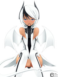 Rule 34 | 1boy, 1girl, androgynous, bad id, bad pixiv id, bare shoulders, bat wings, black hair, blue eyes, blush, boots, dark-skinned female, dark skin, demon boy, demon girl, detached sleeves, fang, fangs, flat chest, horns, inyuppo, momiji wahoo, multicolored hair, open mouth, original, short hair, sitting, slit pupils, solo, tail, thigh boots, thighhighs, trap, two-tone hair, watermark, white background, white hair, white wings, wings