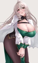 Rule 34 | 1girl, andrea doria (azur lane), antenna hair, azur lane, blush, breasts, brown eyes, cleavage, cleavage cutout, clothing cutout, dress, drill hair, green dress, hair between eyes, highres, large breasts, light brown hair, long hair, long sleeves, looking at viewer, open mouth, smile, solo, thighs, twin drills, wee (weeyy)