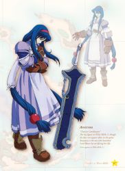 Rule 34 | 1girl, anastasia valeria, artbook, blue hair, boots, brown footwear, brown gloves, concept art, dress, english text, full body, gloves, hairband, head down, huge weapon, long hair, low-tied long hair, official art, purple dress, red eyes, red hairband, sad, sidelocks, standing, very long hair, weapon, wild arms, wild arms 2