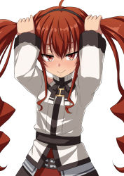 Rule 34 | 1girl, ahoge, arms up, black hairband, blush, bunching hair, closed mouth, commentary request, cowboy shot, eris greyrat, hair between eyes, hairband, jacket, long hair, long sleeves, looking at viewer, mushoku tensei, partial commentary, red eyes, red hair, simple background, solo, standing, twintails, umarutsufuri, very long hair, white background, white jacket