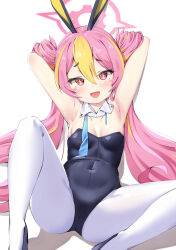 Rule 34 | + +, 1girl, :d, absurdres, animal ears, armpits, arms up, black footwear, black leotard, blonde hair, blue archive, blush, breasts, covered navel, detached collar, fake animal ears, fang, hair between eyes, halo, high heels, highres, komasi, koyuki (blue archive), leotard, long hair, looking at viewer, m legs, multicolored hair, open mouth, pantyhose, pink hair, playboy bunny, pumps, rabbit ears, shirt, small breasts, smile, solo, spread legs, streaked hair, twintails, very long hair, white pantyhose, white shirt, wing collar