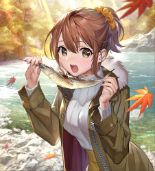 Rule 34 | 1girl, autumn, autumn leaves, brown eyes, brown hair, coat, falling leaves, fish, forest, fur trim, leaf, looking at viewer, nature, open clothes, open mouth, original, outdoors, pond, ponytail, ribbed sweater, scrunchie, solo, sweater, teffish