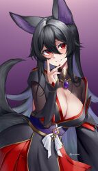 Rule 34 | 1girl, absurdres, alternate breast size, animal ear fluff, animal ears, black hair, blush, breasts, center opening, cleavage, fox ears, fox girl, fox tail, gradient background, hair between eyes, highres, jewelry, kitsune, large breasts, long hair, looking at viewer, nail polish, original, pink background, purple background, red eyes, red lips, red nails, shaded face, smile, solo, tail, very long hair, yorugami rei
