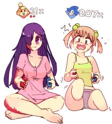 Rule 34 | 2girls, :o, amputee, animal crossing, bare arms, bare legs, bare shoulders, barefoot, blush, breasts, burn scar, camisole, commentary, controller, double amputee, english commentary, flying sweatdrops, game controller, green eyes, grey shorts, hair bobbles, hair ornament, hair over one eye, ibarazaki emi, ikezawa hanako, isabelle (animal crossing), joy-con, katawa shoujo, legless amputee, light brown hair, long hair, medium breasts, micro shorts, multiple girls, nintendo, no legs, pink shirt, playing games, purple eyes, purple hair, rtil, scar, shirt, short hair, short sleeves, short twintails, shorts, simple background, smile, sonic (series), sonic the hedgehog, super smash bros., twintails, wavy mouth, white background, yellow camisole
