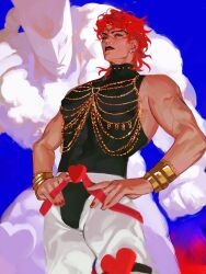 Rule 34 | 1boy, abs, alternate color, alternate hair color, ashva, black leotard, black lips, blonde hair, bracelet, commentary, crotchless, crotchless pants, dio brando, earrings, eyelashes, hands on own hips, heart, highres, jewelry, jojo no kimyou na bouken, leotard, long hair, looking at viewer, makeup, male focus, muscular, muscular male, pants, parted lips, pectorals, red eyes, red hair, red nails, stand (jojo), stardust crusaders, symbol-only commentary, the world, vampire, white pants