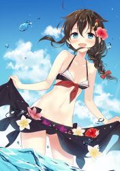 Rule 34 | 1girl, adapted costume, ahoge, bikini, black bikini, blue eyes, blush, braid, breasts, brown hair, cameltoe, clothes lift, cloud, collarbone, commentary, day, flower, flower on head, front-tie bikini top, front-tie top, gluteal fold, hair between eyes, hair flaps, hair flower, hair ornament, hair ribbon, highres, kantai collection, long hair, looking at viewer, naoto (tulip), navel, open mouth, partially submerged, ribbon, sarong, sarong lift, shigure (kancolle), shigure kai ni (kancolle), single braid, sky, small breasts, smile, solo, splashing, swimsuit, wading, water