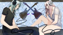 Rule 34 | 1boy, 1girl, bad id, bad pixiv id, bare legs, breasts, brother and sister, cleavage, company connection, dog tags, headphones, highres, instrument, large breasts, long hair, looking at viewer, mascot, nagonagohihumi, naitou-kun, nitro+ chiral, nitroplus, pink eyes, pink hair, red eyes, siblings, silver hair, sitting, smile, super sonico