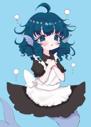 Rule 34 | 1girl, ahoge, alternate costume, apron, black dress, blue background, blue eyes, blue hair, blush, dress, drill hair, enmaided, fins, hair between eyes, head fins, highres, maid, maid apron, mermaid, monster girl, one-hour drawing challenge, parted lips, renakobonb, short hair, short sleeves, simple background, solo, touhou, twitter username, wakasagihime, white apron
