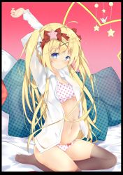 Rule 34 | 1girl, ahoge, arms up, bed sheet, black border, blonde hair, blue eyes, blush, border, bow, bow panties, bra, breasts, brown thighhighs, cleavage, closed mouth, collared shirt, commentary request, copyright request, hair between eyes, hair bow, hair ornament, head tilt, highres, long hair, long sleeves, navel, no shoes, open clothes, open shirt, panties, pillow, polka dot, print bra, print panties, red bow, seiza, shiraki shiori, shirt, sidelocks, sitting, small breasts, smile, solo, star (symbol), star print, stomach, stretching, thighhighs, thighs, two side up, underwear, unmoving pattern, very long hair, white bra, white panties, white shirt, x hair ornament