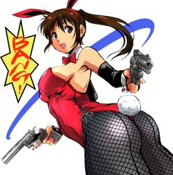 Rule 34 | 1girl, aiming, aiming at viewer, animal ears, armpits, ass, bare shoulders, bow, bowtie, breasts, brown hair, colt python, commentary request, detached collar, dual wielding, fake animal ears, fishnet pantyhose, fishnets, gun, handgun, holding, holding gun, holding weapon, kamisimo 90, leotard, long hair, medium breasts, medium hair, open mouth, original, pantyhose, playboy bunny, purple eyes, rabbit ears, red bow, red leotard, red neckwear, revolver, sideboob, speech bubble, standing, strapless, strapless leotard, thighs, weapon