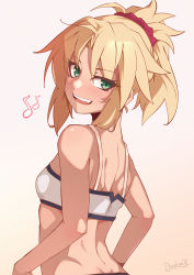 Rule 34 | 1girl, :d, back, back focus, bandeau, bare arms, bare shoulders, blonde hair, blush, breasts, darahan, dimples of venus, eighth note, fate/grand order, fate (series), from behind, gradient background, green eyes, hair ornament, hair scrunchie, long hair, looking at viewer, looking back, mordred (fate), mordred (fate/apocrypha), mordred (memories at trifas) (fate), musical note, open mouth, pink background, ponytail, scrunchie, sidelocks, signature, small breasts, smile, solo, teeth, upper body, upper teeth only