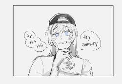 Rule 34 | backwards hat, biting own lip, blue eyes, buckle, english text, hand on own chin, hand on own face, hat, highres, long hair, rey yeet, rwby, scar, scar across eye, scar on face, solo, spot color, weiss schnee