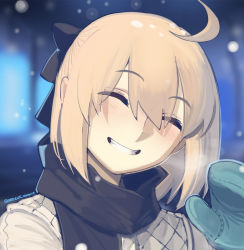 Rule 34 | 1girl, ahoge, black bow, black scarf, blue mittens, blurry, blurry background, blush, boa (brianoa), bow, closed mouth, commentary, depth of field, english commentary, facing viewer, fate (series), grin, hair bow, hand up, head tilt, highres, koha-ace, medium hair, mittens, okita souji (fate), okita souji (koha-ace), scarf, smile, snowing, solo, twitter username, upper body, waving