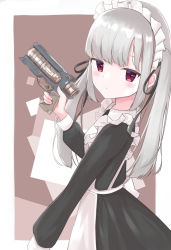Rule 34 | 1girl, apron, arm up, blunt bangs, blush, dot nose, eyebrows hidden by hair, fujina (fujina31q), gun, highres, holding, holding gun, holding weapon, maid, maid headdress, original, outside border, red eyes, solo, tagme, weapon