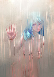 Rule 34 | 1girl, absurdres, against glass, bathing, blue hair, breasts, completely nude, condensation, contrail, convenient censoring, cowboy shot, glass, hand on breast, hand on glass, hand on own chest, highres, large breasts, leaning forward, light smile, llk (740486133), long hair, looking at viewer, nipples, nude, purple eyes, showering, sketch, solo, steam, steam censor, window fog