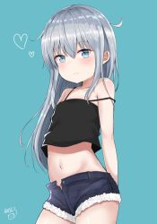 Rule 34 | 1girl, akino ell, aqua background, bare arms, bare shoulders, black camisole, blue background, blue eyes, blue shorts, blush, camisole, closed mouth, collarbone, commentary request, hair between eyes, heart, hibiki (kancolle), highres, kantai collection, long hair, looking at viewer, micro shorts, midriff, navel, open clothes, open fly, open shorts, short shorts, shorts, signature, silver hair, simple background, solo, strap slip, very long hair