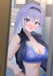 Rule 34 | 1girl, absurdres, black hairband, black shirt, blue bra, blue hair, blush, bra, breasts, cleavage, commentary request, cropped shirt, embarrassed, embroidered bra, hairband, highres, idolmaster, idolmaster shiny colors, ihala (kfgn2837), indoors, large breasts, locker, locker room, looking at viewer, nose blush, open clothes, open shirt, pov, shirt, sleeveless, sleeveless shirt, solo, suzuki hana, underwear, undressing, upper body