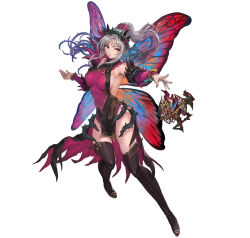 Rule 34 | 1girl, absurdres, armpits, bare shoulders, boots, breasts, commentary request, dress, fairy wings, fire emblem, fire emblem heroes, floating, floating object, gradient hair, grey hair, hair ornament, highres, large breasts, leg up, long hair, multicolored hair, nintendo, official art, parted lips, pelvic curtain, plumeria (fire emblem), pointy ears, ponytail, red eyes, shiny clothes, shiny skin, simple background, sleeveless, solo, thigh boots, thighhighs, thorns, white background, wings, yoshiku (oden-usagi)