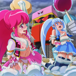 Rule 34 | 10s, aino megumi, arms behind back, bdsm, blue eyes, blue hair, blush, bondage, bound, breasts, cure lovely, cure princess, happinesscharge precure!, highres, nipples, panties, pink eyes, pink hair, precure, saiark, shirayuki hime, slime, tears, tentacles, topless, torn clothes, twintails, underwear