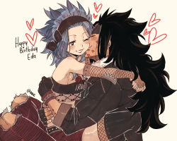 Rule 34 | 1boy, 1girl, ;d, arm piercing, black bow, black gloves, black hair, black headband, black jacket, black nails, black thighhighs, blue hair, bow, breasts, brown eyes, closed eyes, crop top, detached sleeves, ear piercing, fairy tail, fingerless gloves, fishnet sleeves, fishnets, gajeel redfox, girl on top, gloves, grin, hair bow, happy birthday, headband, heart, hetero, hug, jacket, kiss, kissing cheek, levy mcgarden, long hair, long sleeves, medium breasts, nail polish, one eye closed, open mouth, pants, piercing, red pants, red shorts, rusky, shiny skin, short shorts, shorts, sideboob, simple background, sitting, sitting on person, smile, spiked hair, strapless, striped clothes, striped pants, striped shorts, thighhighs, torn clothes, torn pants, twitter username, very long hair, white background