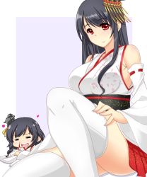 Rule 34 | 10s, 2girls, :d, black hair, blood, breasts, detached sleeves, fusou (kancolle), hair ornament, kantai collection, kuon (nokokopopo), large breasts, long hair, multiple girls, nontraditional miko, nosebleed, open mouth, pleated skirt, red eyes, skirt, smile, thighhighs, thighs, white legwear, yamashiro (kancolle), zettai ryouiki