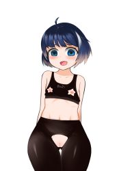 Rule 34 | 1girl, absurdres, ahoge, bare arms, bare shoulders, blush, character request, collarbone, crop top, crotch cutout, dallim, flat chest, girls&#039; frontline, highres, looking at viewer, multicolored hair, open mouth, pussy, short hair, solo, star cutout, torn clothes, uncensored, white background