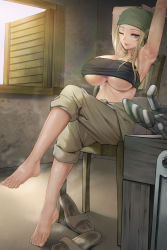 Rule 34 | 1girl, absurdres, arm up, armpit stubble, armpits, arms behind head, arms up, automail, bandana, bandeau, barefoot, blonde hair, blue eyes, breasts, chair, commission, feet, footprints, fullmetal alchemist, green bandana, highres, large breasts, leg up, lips, long hair, looking at viewer, metal gloves, midriff, mute (mute89539160), one eye closed, open window, pants, pants rolled up, pixiv commission, seductive smile, shoes, sitting, smile, soles, steam, steaming body, stretching, sunlight, sweat, tied jumpsuit, toes, underboob, unworn shoes, wet, window, winry rockbell