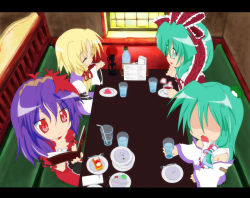 Rule 34 | 4girls, ^ ^, auer, bench, blonde hair, book, bottle, candle, closed eyes, cup, detached sleeves, eating, closed eyes, female focus, food, frills, from above, glass, green eyes, hidden eyes, holding, holding book, indoors, kagiyama hina, kochiya sanae, letterboxed, long sleeves, looking at viewer, lucky star, menu board, moriya suwako, multiple girls, nontraditional miko, own hands together, parody, plate, red eyes, saucer, shaded face, shawl, sign, table, tea, teacup, thinking, touhou, turn pale, vest, water, window, yasaka kanako