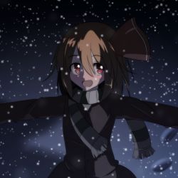 Rule 34 | 1girl, alternate costume, blonde hair, cato (monocatienus), coat, contemporary, darkness, female focus, footprints, hair ribbon, moonlight, open mouth, outstretched arm, outstretched arms, red eyes, ribbon, rumia, scarf, short hair, smile, snow, snowing, solo, touhou, winter clothes