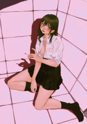 Rule 34 | 1girl, black skirt, black socks, blouse, breasts, brown eyes, brown hair, cigarette, collared shirt, commentary request, full body, head tilt, highres, holding, holding cigarette, indoors, long hair, multicolored eyes, no bra, on floor, open clothes, open shirt, orange eyes, original, parted lips, pleated skirt, sanshuixi, school uniform, see-through, see-through shirt, shadow, shirt, shirt tucked in, sitting, skirt, sleeves rolled up, small breasts, smile, smoke, socks, solo, tile floor, tile wall, tiles, white shirt