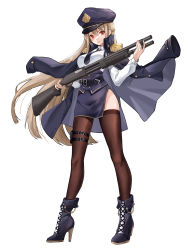 Rule 34 | 1girl, absurdres, artist request, belt, blonde hair, boots, braid, breasts, coat, coat on shoulders, gun, hat, high heel boots, high heels, highres, large breasts, long hair, long sleeves, necktie, original, polearm, police, police hat, police uniform, policewoman, pump action, red eyes, remington 870, shotgun, skirt, solo, spear, thigh strap, thighhighs, thighs, uniform, very long hair, weapon