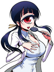 Rule 34 | 1girl, black hair, breasts, cleavage, cyclops, hand on own chest, hitomi (hitomi sensei no hokenshitsu), hitomi sensei no hokenshitsu, lab coat, large breasts, long hair, long sleeves, looking at viewer, manaka hitomi, official art, one-eyed, ponytail, red eyes, school nurse, shake-o, sidelocks, simple background, solo, white background