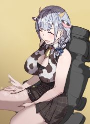 Rule 34 | 1girl, animal ears, animal print, bare shoulders, black skirt, blush, bow (bhp), braid, breasts, cleavage, closed eyes, cow ears, cow horns, cow print, hololive, horns, large breasts, open mouth, patting lap, revision, shirogane noel, shirogane noel (casual), shirt, short hair, side braid, silver hair, skirt, sleeveless, sleeveless shirt, smile, solo, thighs, virtual youtuber, white shirt