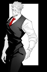Rule 34 | 1boy, achilles (fate), black border, blending, border, closed eyes, closed mouth, collared shirt, cowboy shot, fate/grand order, fate (series), haruakira, highres, male focus, mature male, monochrome, necktie, pants, red necktie, shirt, short hair, sleeves past elbows, solo, spot color, undercut, watch, wristwatch