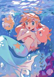 Rule 34 | 1girl, blush, breasts, creatures (company), earrings, game freak, gen 1 pokemon, gen 3 pokemon, green eyes, hair ornament, highres, hinann, jewelry, long hair, looking at viewer, luvdisc, mermaid, mermaid costume, mermaid misty (pokemon), misty (pokemon), monster girl, necklace, nintendo, orange hair, pokemon, pokemon (anime), pokemon (classic anime), pokemon (creature), psyduck, seashell, shell, shell bikini, underwater, water