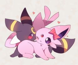 Rule 34 | blush, bow, commentary request, creature, creatures (company), espeon, eye contact, game freak, gen 2 pokemon, heart, highres, looking at another, nintendo, no humans, one eye closed, pink bow, pokemon, pokemon (creature), purple eyes, toes, umbreon, yupo 0322