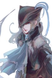 Rule 34 | 1girl, blonde hair, bloodborne, blue eyes, collar, collared jacket, dress, hat, hat feather, highres, itsuki (itsukiovo), jacket, lady maria of the astral clocktower, one eye closed, ponytail, smile, tricorne