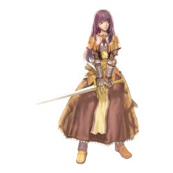 Rule 34 | 1girl, 2000s (style), brown dress, chest guard, closed mouth, dress, expressionless, floral print, frilled dress, frills, full body, gauntlets, highres, holding, holding sword, holding weapon, long hair, looking afar, looking to the side, medium bangs, myung-jin lee, official art, purple eyes, purple hair, ragnarok online, rose print, sidelocks, simple background, solo, standing, sword, swordsman (ragnarok online), tachi-e, transparent background, weapon