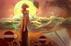 Rule 34 | 1girl, bare legs, bare shoulders, barefoot, blonde hair, borrowed character, cloud, dress, kite, long dress, no entry sign, original, outdoors, paper airplane, razuri-chan, road sign, short hair, side slit, sign, sitting, sky, smile, solo, strapless, strapless dress, sun, sunset, toes, white dress
