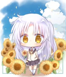 Rule 34 | 1girl, angel beats!, angel day, arms at sides, black shirt, blush, border, chibi, closed mouth, cloud, commentary request, commission, day, expressionless, eyelashes, flower, highres, jacket, kneehighs, long hair, long sleeves, looking at viewer, miniskirt, neck ribbon, outdoors, parted bangs, pleated skirt, ribbon, school uniform, shirt, sidelocks, signature, skeb commission, skirt, socks, solo, sunflower, tenshi (angel beats!), utuigawa, white border, white hair, white socks, yellow eyes, yellow jacket, yellow ribbon