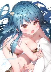 Rule 34 | 1girl, animal print, bad id, bad twitter id, bare shoulders, bikini, blue hair, blush, breasts, cleavage, cone horns, electricity, electrokinesis, fang, highres, horns, long hair, looking at viewer, lum, medium breasts, oni, open mouth, pointy ears, ryota (ry o ta), signature, simple background, skin fang, solo, strapless, strapless bikini, swimsuit, tiger print, urusei yatsura, white background, yellow eyes