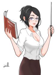 Rule 34 | 1girl, alternate costume, black hair, book, breasts, cleavage, dress shirt, glasses, hands up, high ponytail, highres, holding, holding book, holding pointer, indie virtual youtuber, kson, large breasts, long hair, looking at viewer, mole, mole under eye, open book, open mouth, parted bangs, pencil skirt, pointer, purple eyes, scoop neck, semi-rimless eyewear, shirt, siciriana, signature, simple background, skirt, sleeves rolled up, solo, teacher, under-rim eyewear, virtual youtuber, white background, white shirt