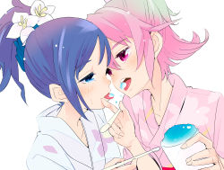 Rule 34 | 2girls, aida mana, alternate costume, alternate hairstyle, bad id, bad pixiv id, blue eyes, blue hair, blush, couple, cup, dokidoki! precure, drinking straw, face-to-face, food, food in mouth, hair up, hishikawa rikka, holding, holding drinking straw, imminent kiss, japanese clothes, kimono, multiple girls, peach765, pink eyes, pink hair, pink kimono, precure, shared food, shaved ice, short hair, simple background, spoon, tongue, tongue out, upper body, white background, white kimono, yukata, yuri