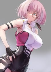 1girl blue_eyes breasts commentary_request glasses gloves hair_between_eyes highres hololive large_breasts looking_at_viewer pink_hair short_hair short_sleeves shorts smile solo sugishin46 takane_lui virtual_youtuber