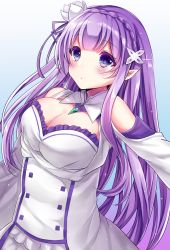 Rule 34 | 10s, 1girl, artist request, bare shoulders, blue background, blush, braid, breasts, cleavage, dress, emilia (re:zero), flower, gradient background, hair flower, hair ornament, large breasts, long hair, looking at viewer, matching hair/eyes, pointy ears, purple eyes, purple hair, re:zero kara hajimeru isekai seikatsu, simple background, smile, solo, sparkle, standing, white dress, white flower