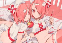 Rule 34 | 2girls, apple, artist name, bow, breasts, commentary request, crop top, crossed bandaids, eyes visible through hair, fang, fingernails, food, fruit, hair bow, hair ornament, hair over one eye, hairclip, hat, holding, holding syringe, legs up, looking at viewer, medium breasts, mika pikazo, multiple girls, navel, one side up, open mouth, original, pink hair, pleated skirt, red apple, red bow, red eyes, shirt, short hair, short sleeves, siblings, sisters, skirt, syringe, thighhighs, twins, white hat, white shirt, wrist cuffs
