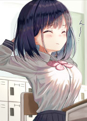 Rule 34 | 1girl, arms behind head, arms up, black hair, black skirt, blush, bow, breasts, chair, closed eyes, closed mouth, collared shirt, commentary request, desk, diagonal stripes, dress shirt, indoors, large breasts, mimikaki (men bow), original, pink bow, pleated skirt, school chair, school desk, school uniform, shirt, skirt, solo, stretching, striped, striped bow, white shirt