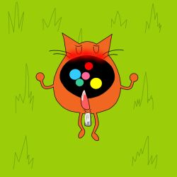 Rule 34 | anal, artist request, blush, bodysuit, cat, closed eyes, cum, dated commentary, erection, furry, furry male, lying, non-web source, on back, on grass, orange bodysuit, penis, precum, toca band, toca boca, wao miao